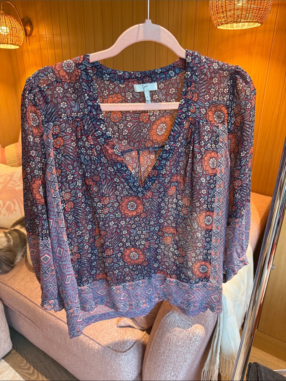 Joie Floral V-Neck Blouse in Navy & Rust